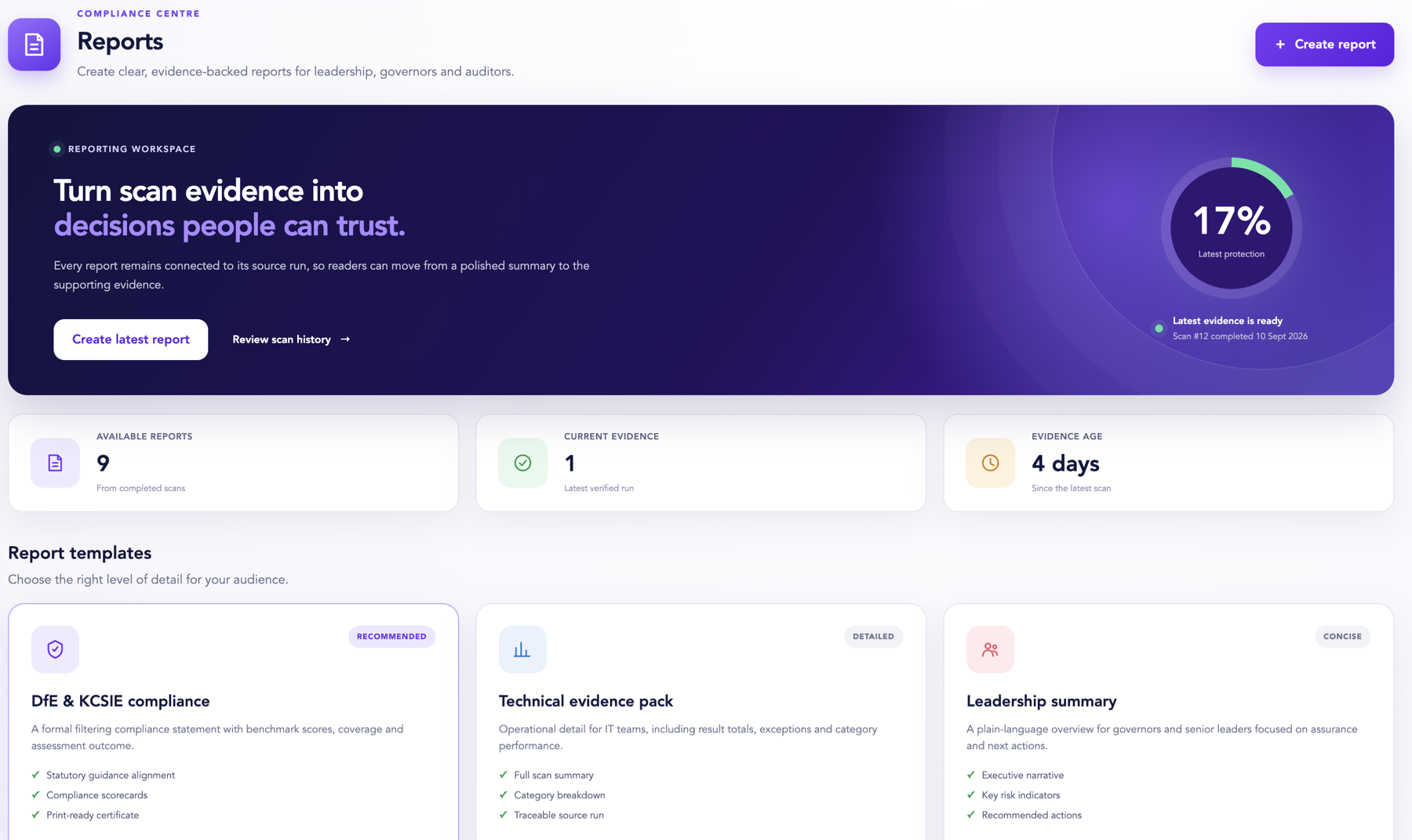 Filter Sentinel reporting workspace with evidence status and report templates for compliance, technical and leadership audiences